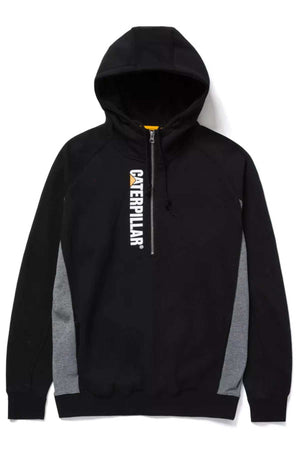 The CAT Thompson 1/4 Zip Hoodie features black and gray panels, a half zipper, dual side entry pockets, and "Caterpillar" logo printed vertically in white and yellow for a stylish look.