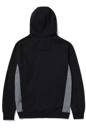 The CAT Thompson 1/4 Zip Hoodie features a black design with gray side panels, long sleeves, dual side pockets, a relaxed fit, and a yellow tag on the left hem. Rear view shown.
