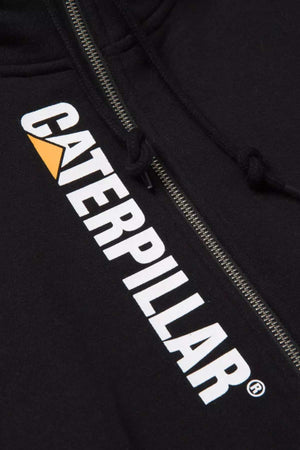 Close-up of the CAT Thompson 1/4 Zip Hoodie, showcasing a white "CATERPILLAR" logo with a yellow triangle above the "A," black drawstrings and zipper, plus dual side entry pockets for convenience.
