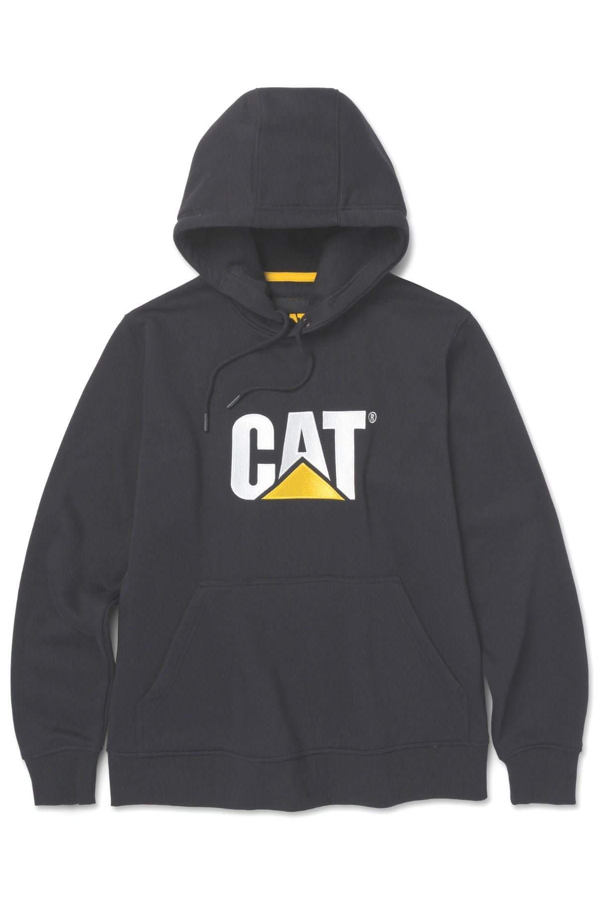 The CAT Trademark Pullover Hooded Sweatshirt is a classic black hoodie with a kangaroo pocket, featuring a bold white and yellow "CAT" logo on the chest—an essential and comfortable addition to any wardrobe.