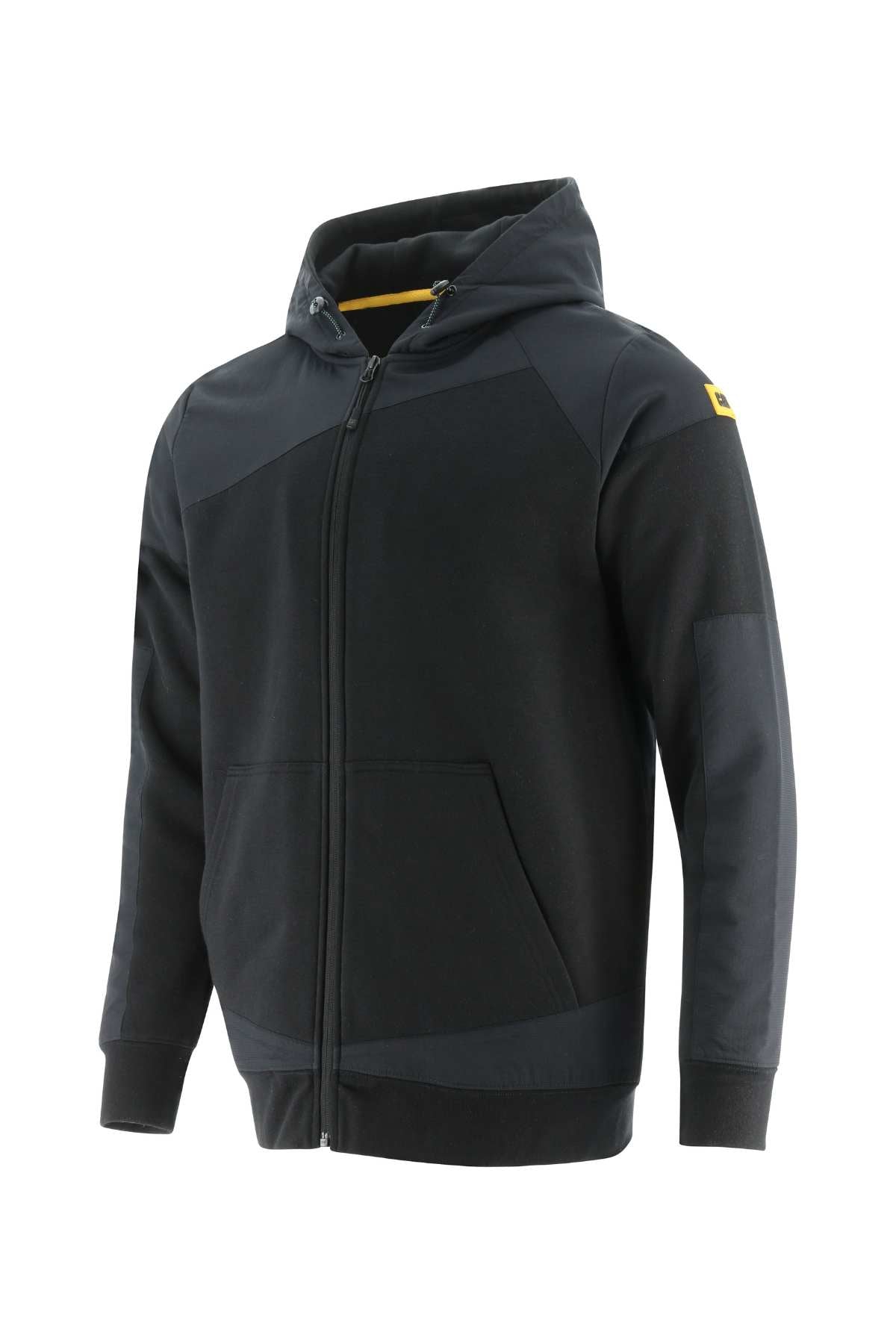 The CAT Trades Full Zip Hoodie is black with subtle geometric patterns and a front zipper. It features abrasion-resistant fabric, two front pockets, the yellow CAT logo on the left sleeve, and a hood lined with yellow detail.