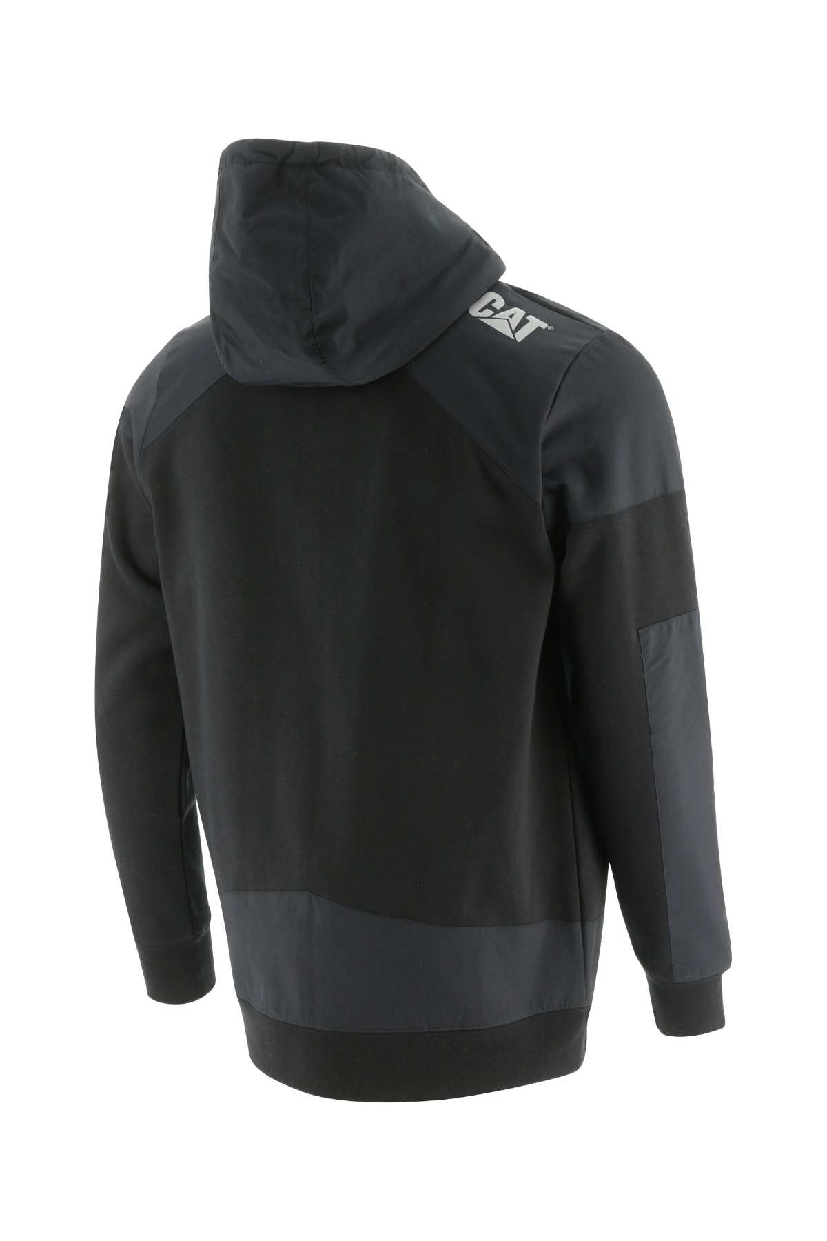 The CAT Trades Full Zip Hoodie in black and dark green features the CAT logo on the back left shoulder. Made from abrasion-resistant material, it offers both durability and a stylish edge.