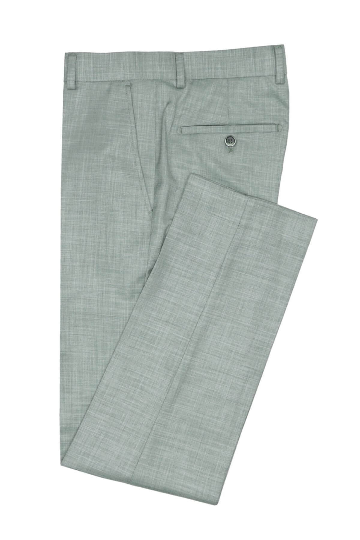 The Christian Brookes Jasper Edward Pant is a pair of light grey slim fit dress pants with a subtle textured pattern, featuring belt loops and a buttoned back pocket for a polished look.