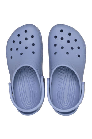 A pair of Crocs Classic Clog in light purple, featuring ventilation holes and adjustable heel straps, viewed from above on a white background—ideal lightweight, breathable footwear for water adventures.