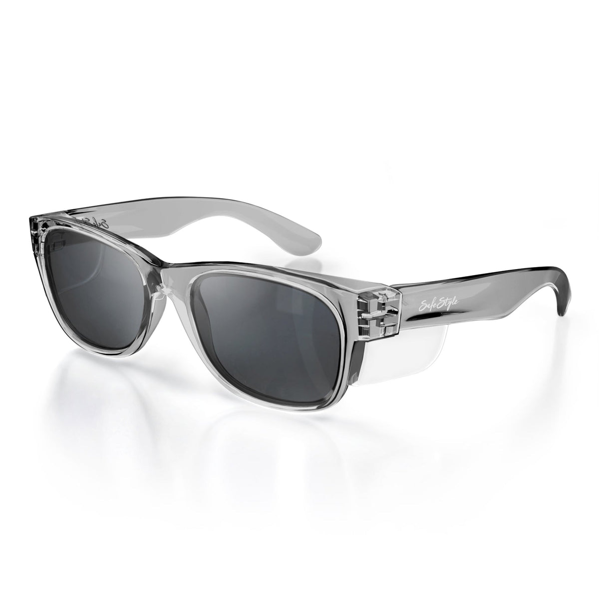 The SafeStyle Classics Graphite Frame Polarised Lens sunglasses feature thick, transparent wraparound frames with large polarised lenses, UV protection, and side shields for added eye safety, shown on a white background.