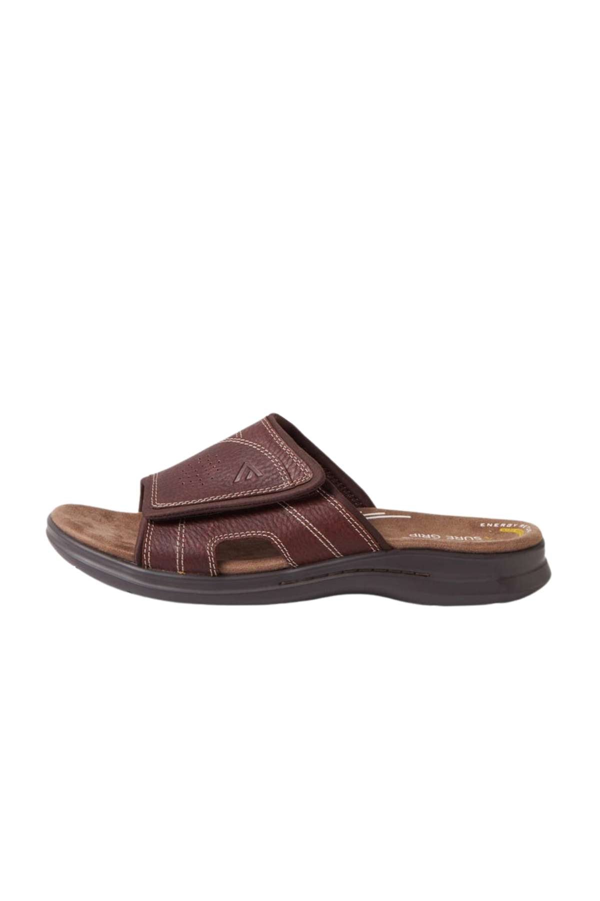 The Colorado Iver Leather Slides feature a thick brown leather strap with visible stitching and a dark brown, slip-resistant sole. Displayed against a white background in its side profile, this sandal is ideal for style-conscious individuals who prioritize safety.