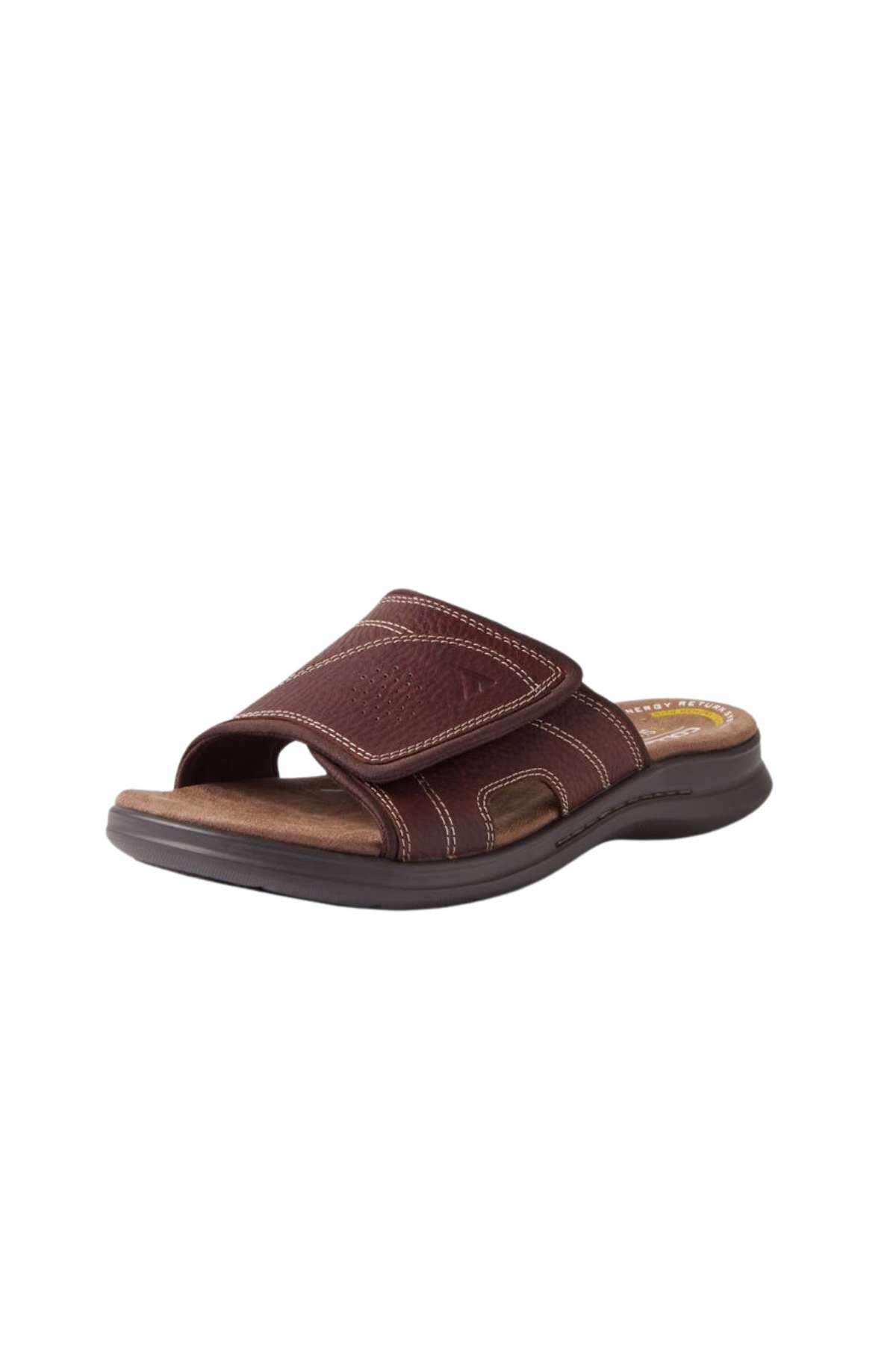 The Colorado Iver Leather Slides are brown open-toe sandals with an adjustable top strap, cushioned footbed, slip-resistant dark sole for stability, and accented by white stitching.