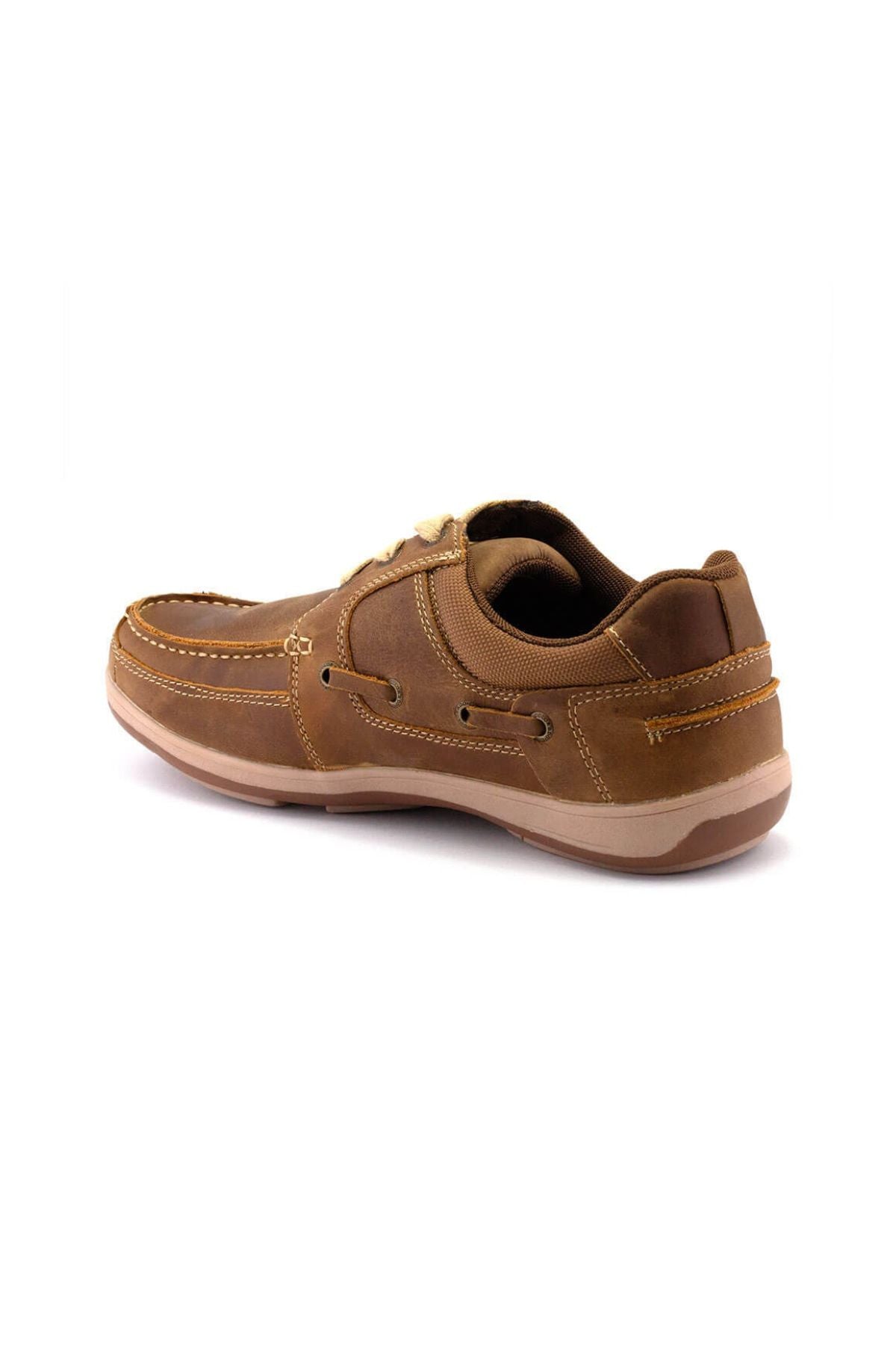 The Colorado Spinnaker Shoe features a breathable brown leather upper, tan stitching, beige laces, and a light brown anti-slip rubber sole, shown from a rear side view on a white background.
