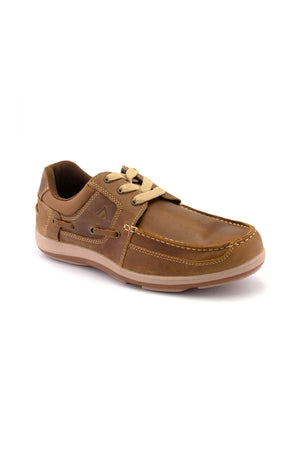 The Colorado Spinnaker Shoe is a brown leather casual shoe with beige laces, tan stitching, and a light brown rubber sole. It features anti-slip traction, a breathable leather upper, and is shown front-side on a white background.