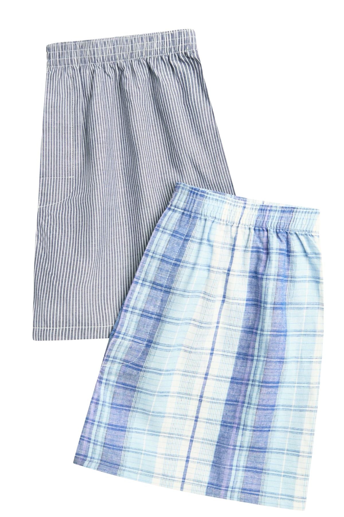 The Contare Cotton 2 Pack Check Boxer Short set includes knee-length skirts: one with thin gray and white stripes, the other with a blue and white plaid pattern—both feature elastic waistbands for boxer-short comfort.
