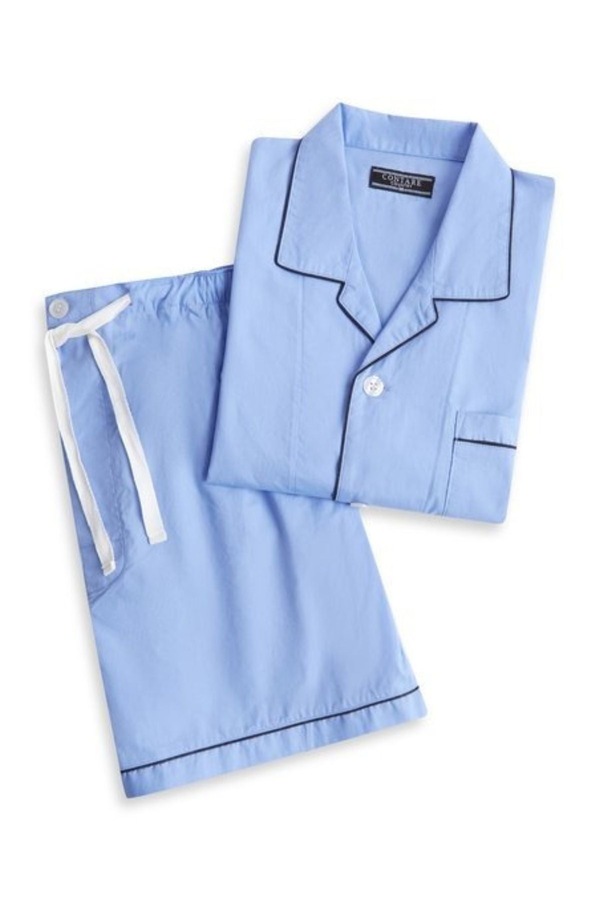 The Contare Country Cotton Rich Short Sleeve Classic Set in light blue includes a button-up, collared top with black piping, chest pocket, Mother of Pearl buttons, and matching drawstring pants with a button closure. Both pieces are cotton rich.