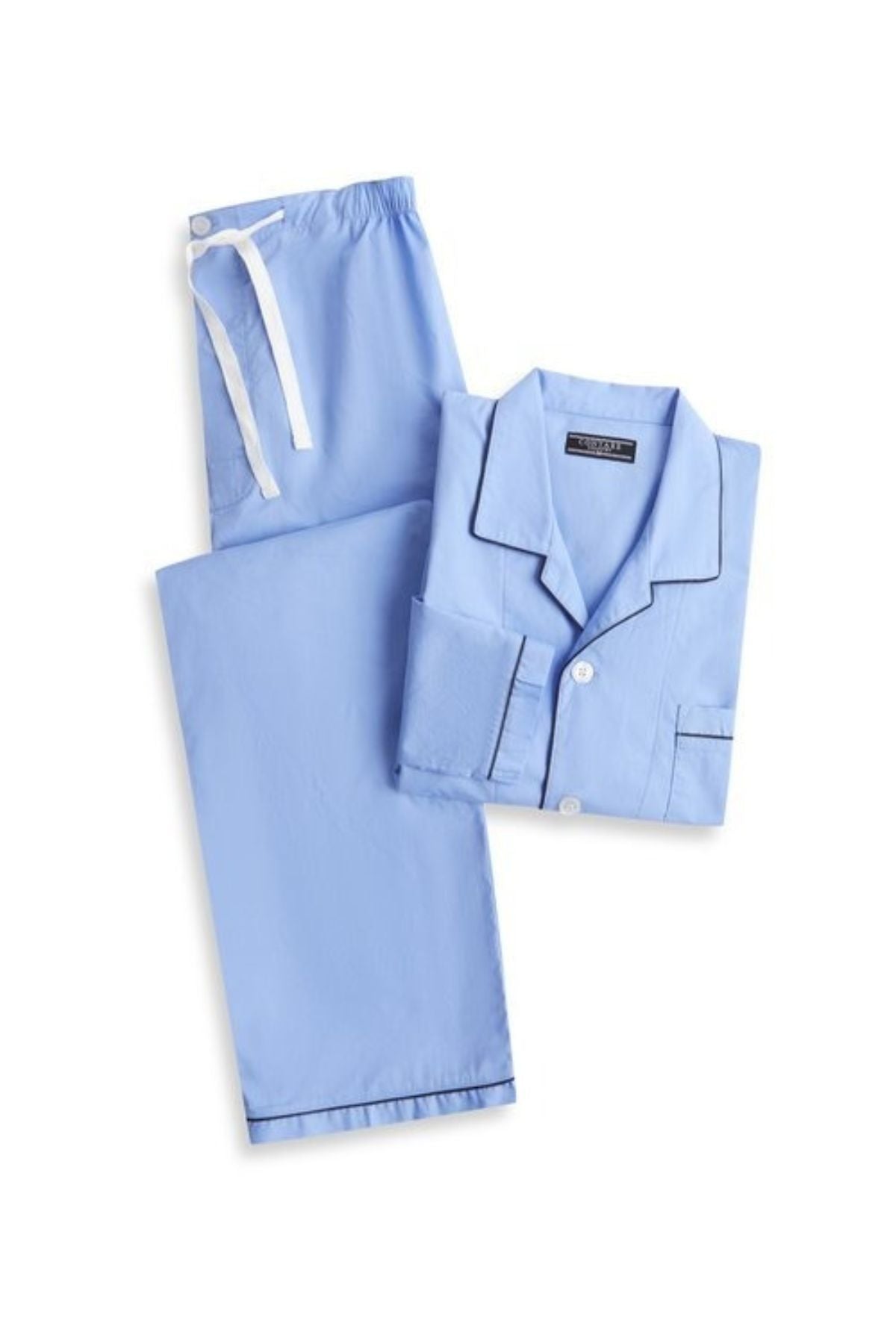 The Contare Country Cotton Rich Long Sleeve Classic Set includes a light blue two-piece pajama set with a button-up top featuring dark piping, chest pocket, and matching drawstring pants—all designed for ultimate comfort. Displayed on a white background.