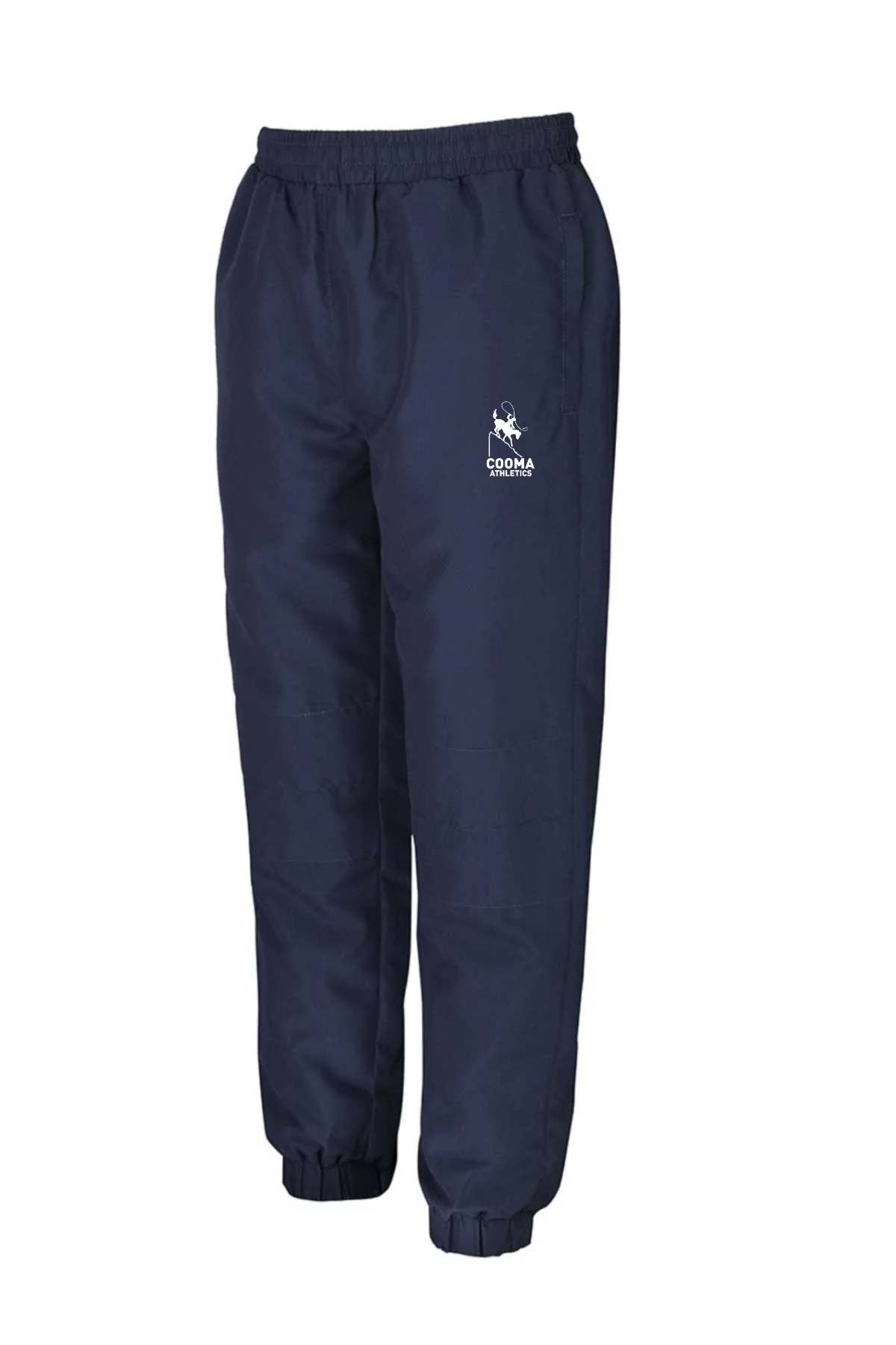 The Cooma Athletics Adult Trackpants feature an elastic waistband and cuffs, along with a small embroidered "COBRA" figure logo on the left thigh. These navy blue trackpants, available for in-store pickup, seamlessly combine style and convenience.