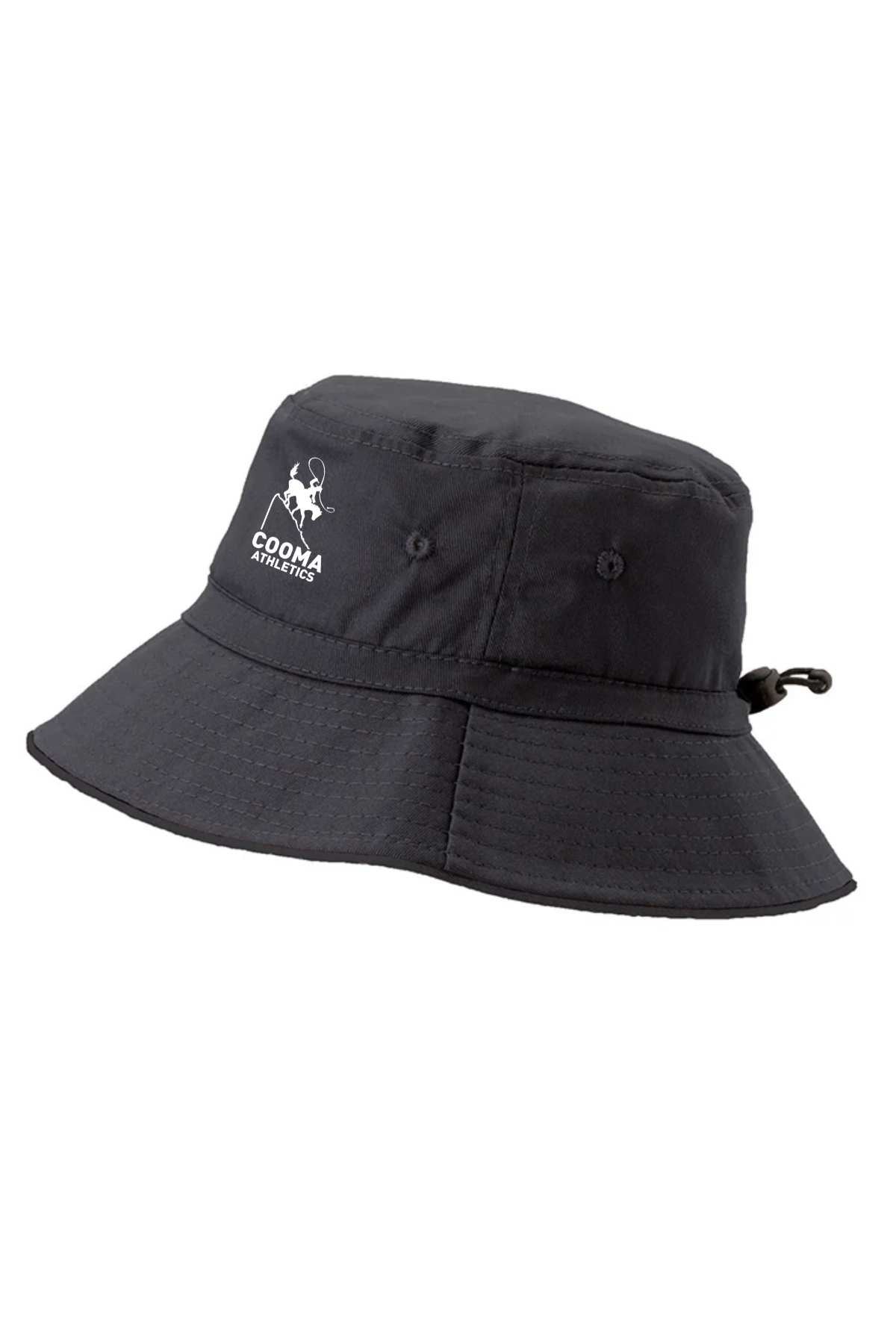 Pre-order the Cooma Athletics Bucket Hat, a black hat featuring an embroidered logo of a person playing tennis and "Cooma Athletics" on the side. It includes a wide brim and an adjustable strap for added comfort.