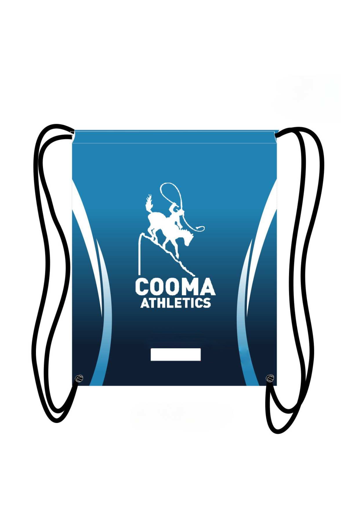 Pre-order the Cooma Athletics Drawstring Bag in blue, showcasing a white silhouette of a rodeo rider with a lasso and "Cooma Athletics" printed below. Ideal for sports enthusiasts, it also offers the convenience of in-store pick-up.