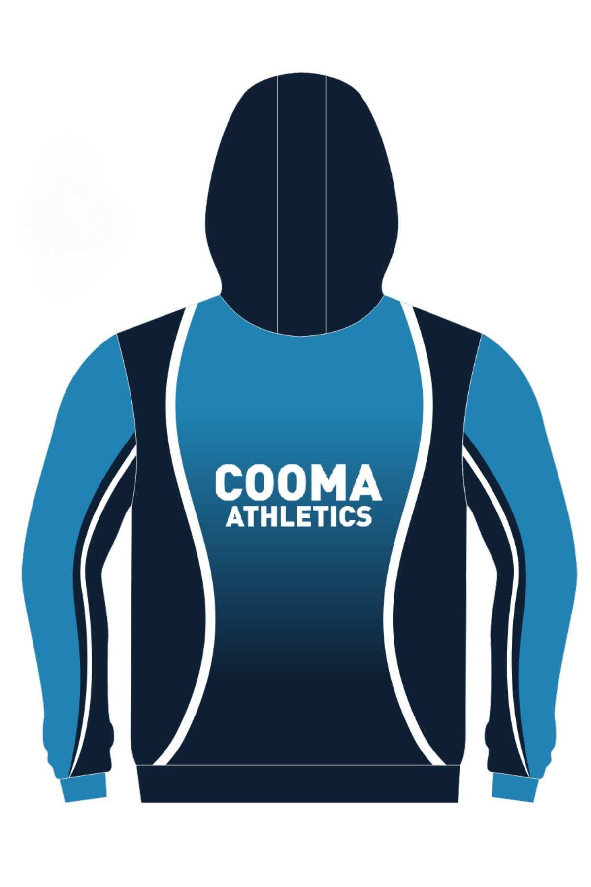 Illustration of the Cooma Athletics Full Zip Hoodie in blue and navy, featuring a hood and white accents. The front display showcases "COOMA ATHLETICS" alongside a stylized javelin thrower logo. This exclusive hoodie is available for pre-order, with convenient in-store pick-up options.