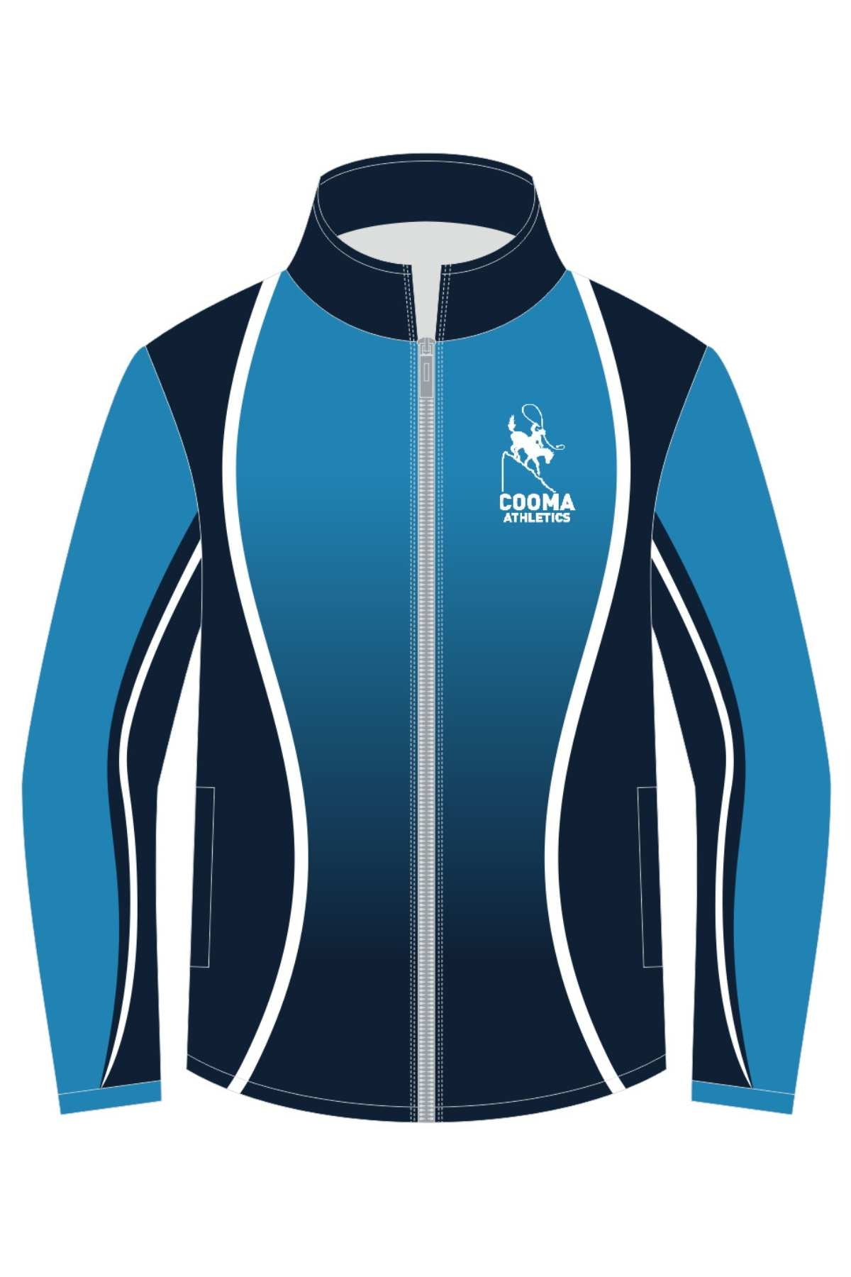 Image of the Cooma Athletics Jacket featuring dark and light blue panels, white piping, and a front zipper. The left chest bears a logo with a figure, track, and "COOMA ATHLETICS." Pre-order for in-store pick-up of this standout design.