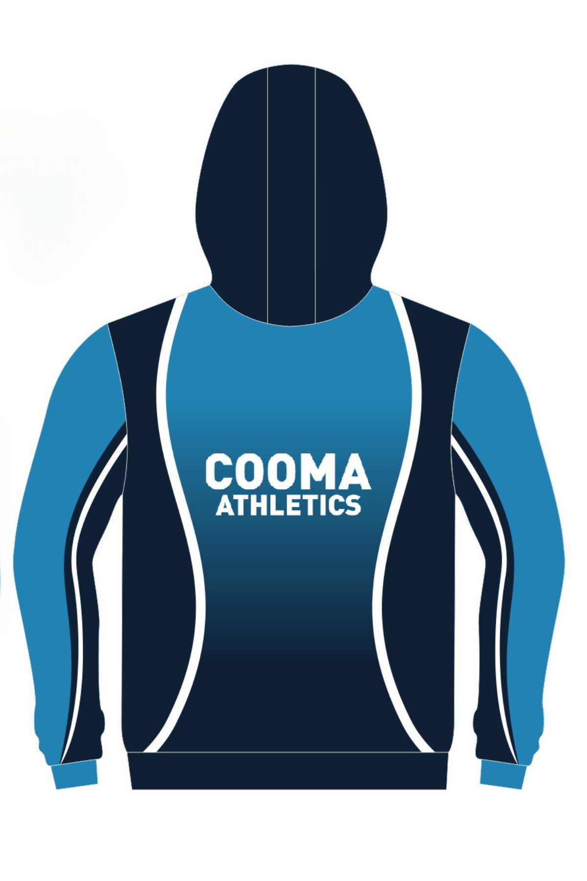 Introducing the Cooma Athletics Full Zip Polar Fleece Lined Hoodie in blue and navy, complete with a front zipper and white accents. The chest showcases the "COOMA ATHLETICS" logo accompanied by a stylized figure. This symmetrical design features a hood and two convenient pockets. Now available for pre-order.