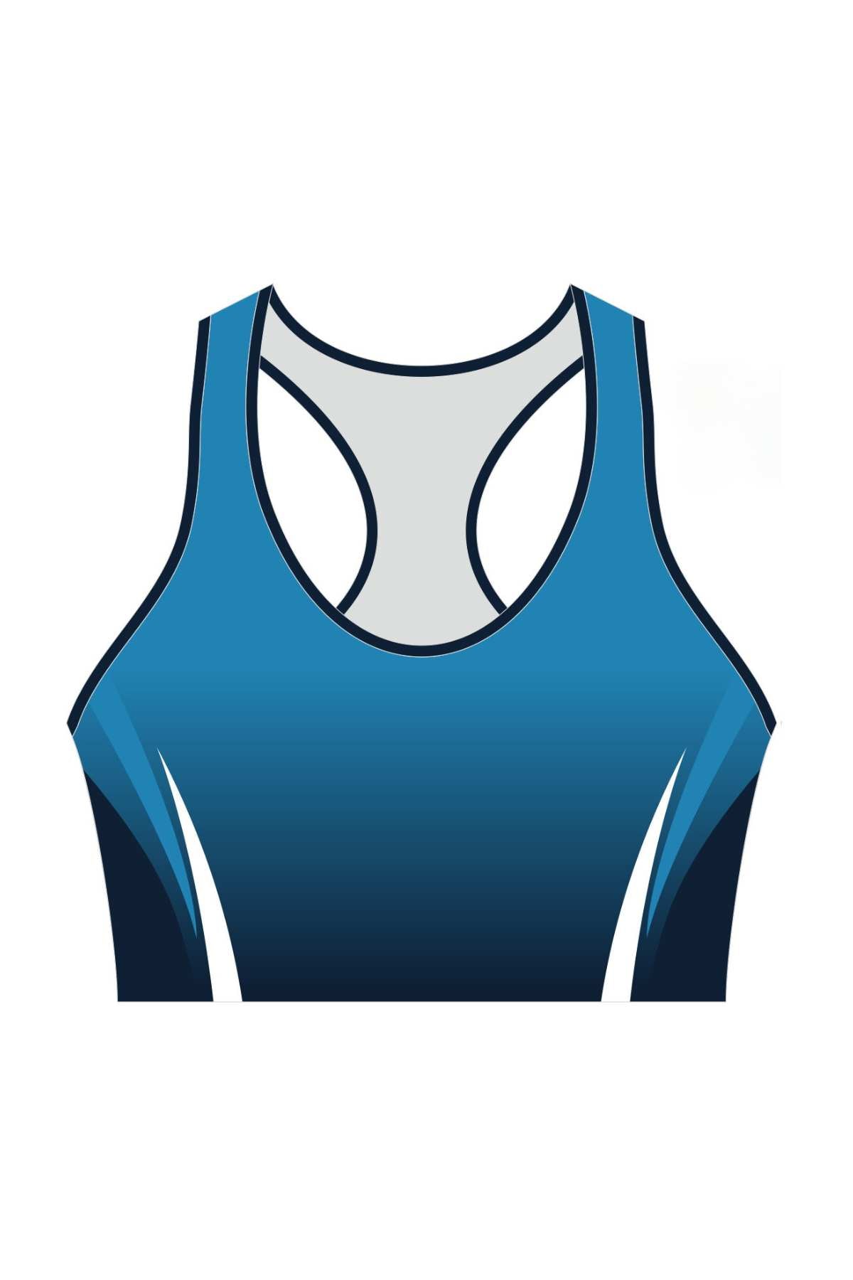 Illustration of the Cooma Athletics Youth Crop Top, featuring a sleeveless racerback design in a gradient from light to dark blue. Available for pre-order, this dynamic top is ideal for young athletes and part of the exclusive Cooma Athletics collection, making it a perfect girls' crop top option.