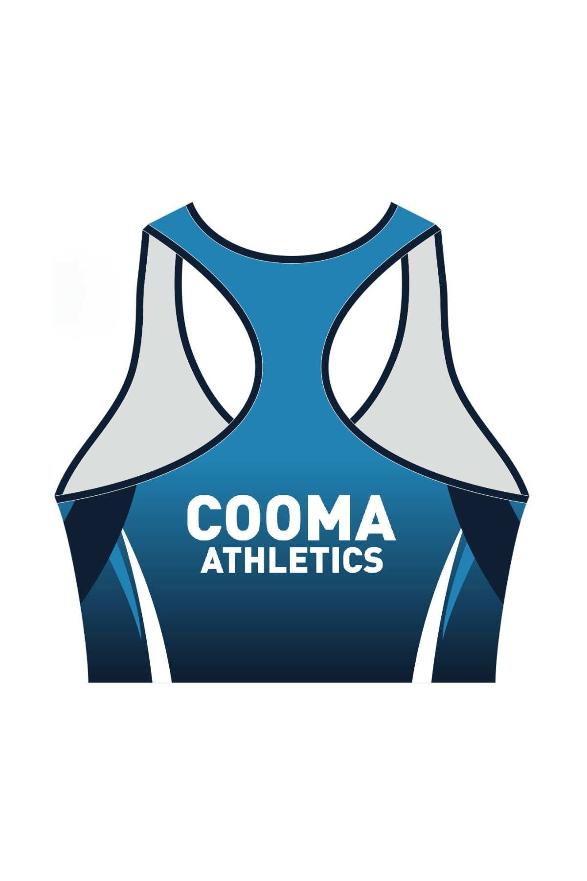 Illustration of the Cooma Athletics Youth Crop Top, featuring a sleeveless racerback design in a gradient from light to dark blue. Available for pre-order, this dynamic top is ideal for young athletes and part of the exclusive Cooma Athletics collection, making it a perfect girls' crop top option.