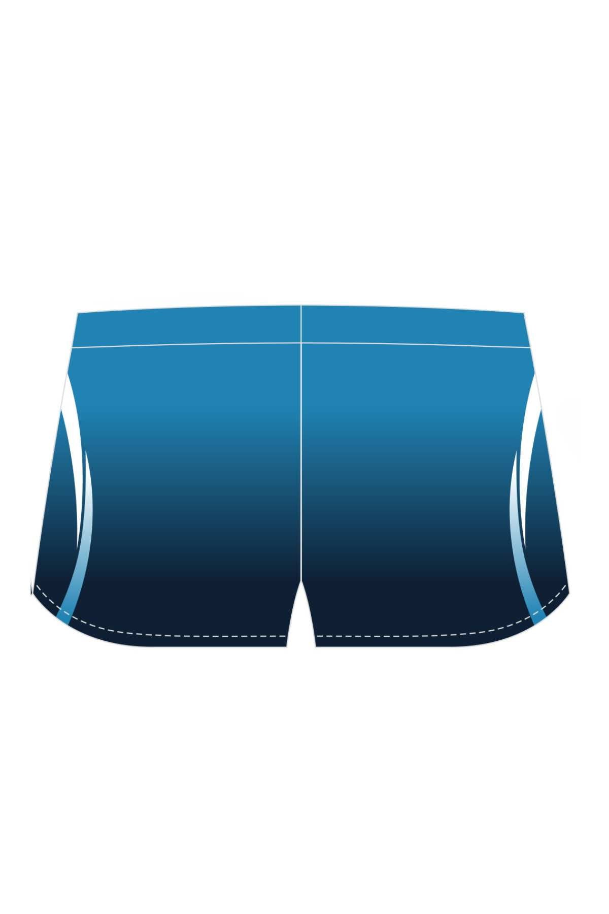 Illustration of Cooma Athletics Short Shorts for women, featuring a blue color with a white logo that reads "COOMA ATHLETICS" alongside a stylized figure near the bottom. These pre-order shorts include subtle white accents on the sides, enhancing their style and functionality.