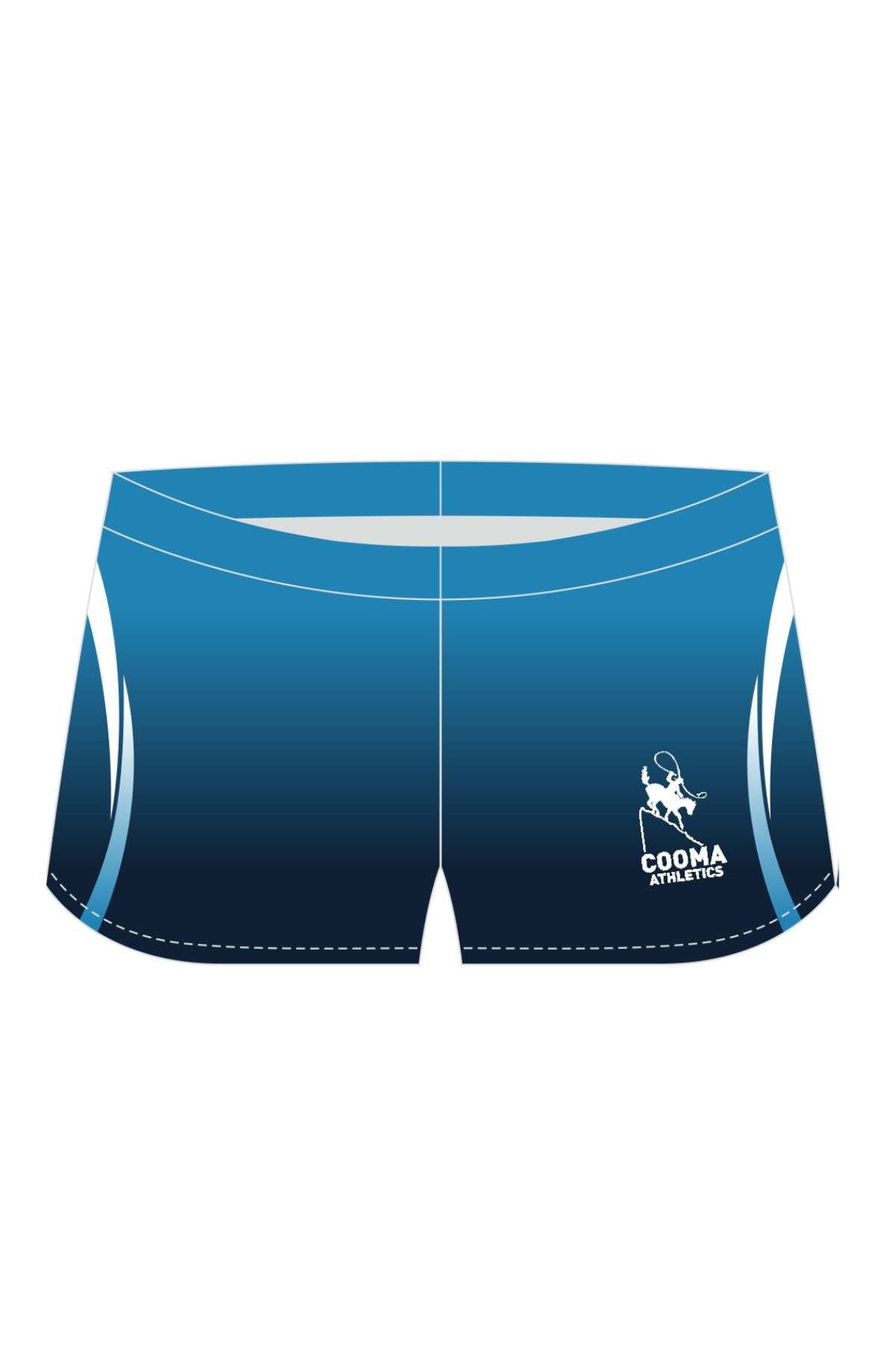 Illustration of Cooma Athletics Short Shorts for women, featuring a blue color with a white logo that reads "COOMA ATHLETICS" alongside a stylized figure near the bottom. These pre-order shorts include subtle white accents on the sides, enhancing their style and functionality.