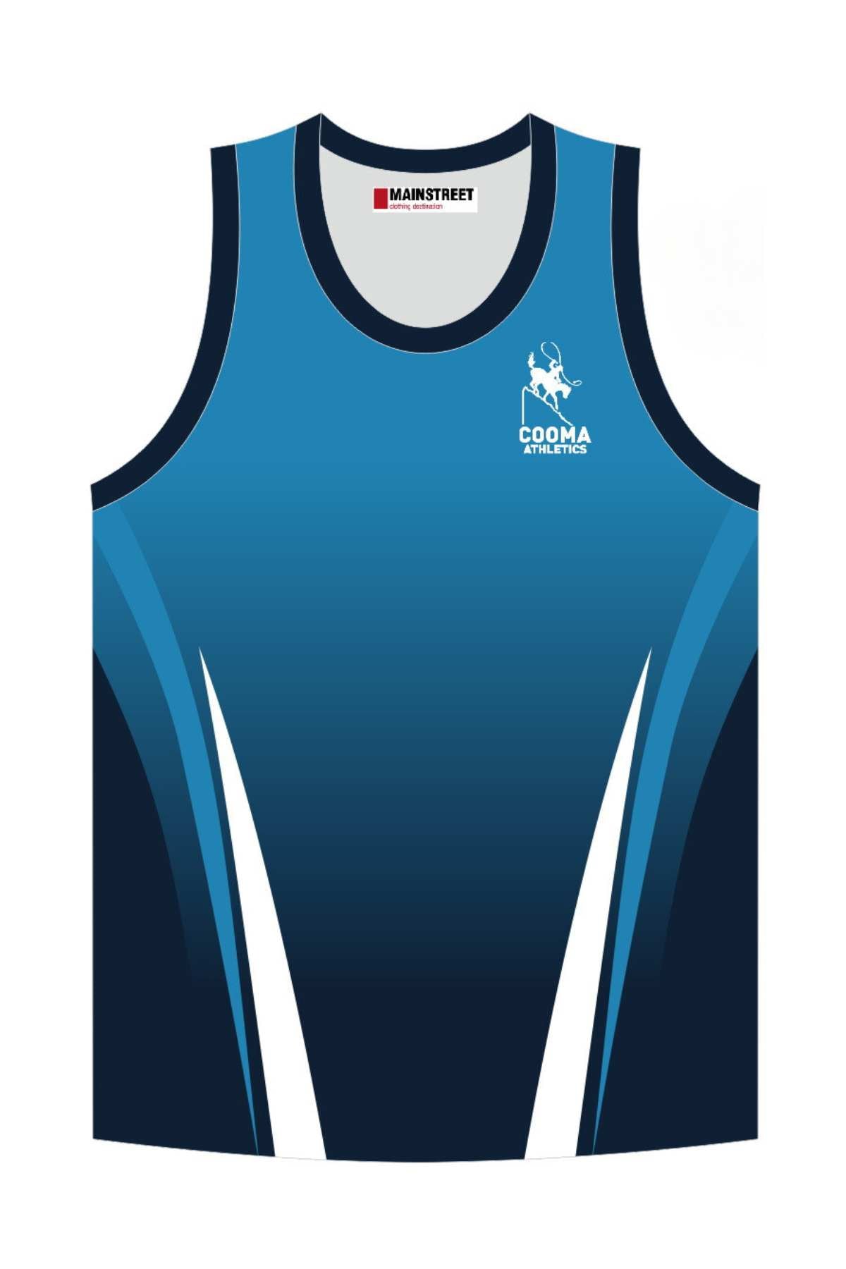 The Cooma Athletics Racerback Singlet features a blue design with dark gradient sides, white accents, and displays a kangaroo logo alongside the "Cooma Athletics" text on the chest. This pre-order item comes with the brand name "Mainstreet" on the inner neck tag, combining style with exclusivity.