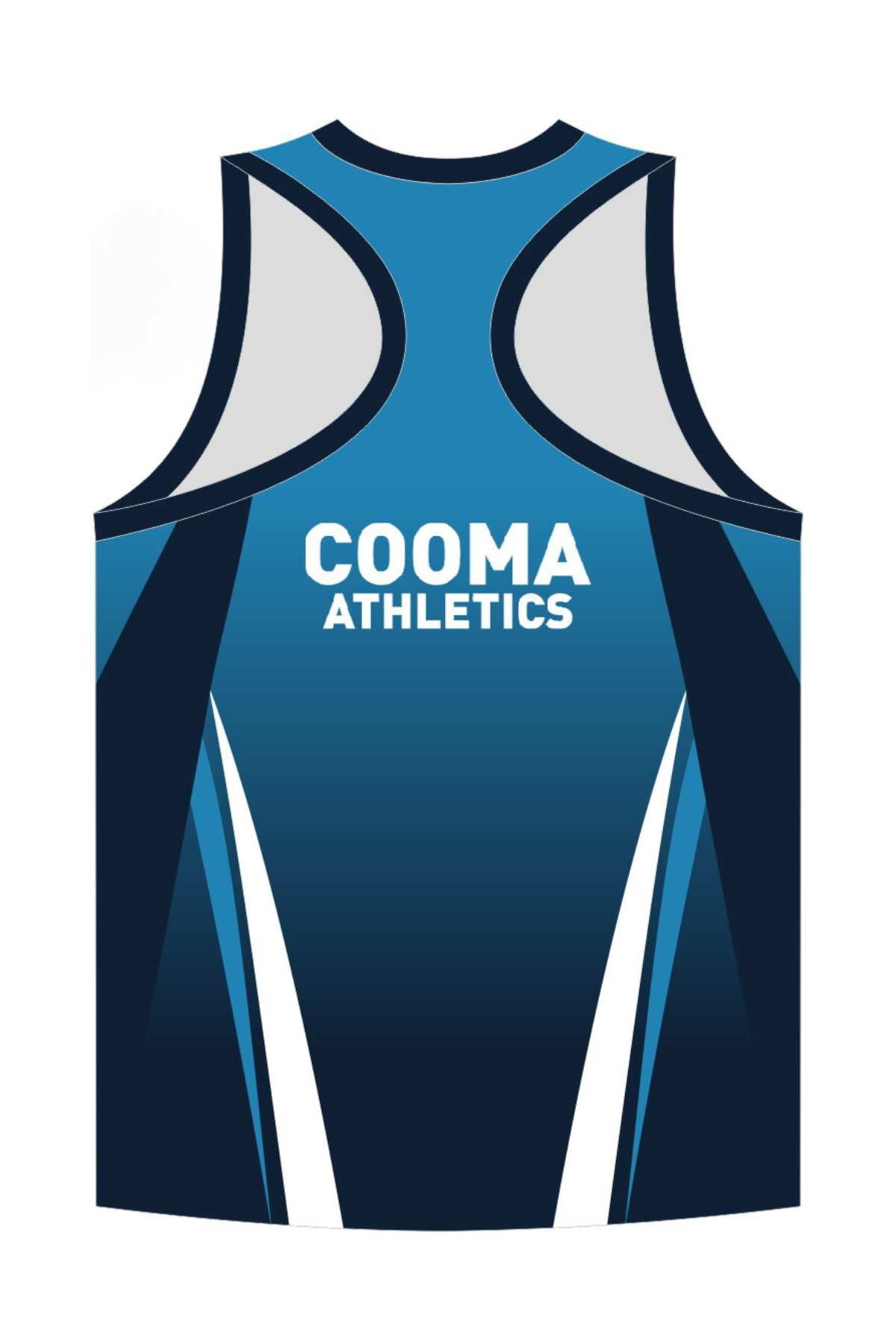 The Cooma Athletics Racerback Singlet features a blue design with dark gradient sides, white accents, and displays a kangaroo logo alongside the "Cooma Athletics" text on the chest. This pre-order item comes with the brand name "Mainstreet" on the inner neck tag, combining style with exclusivity.