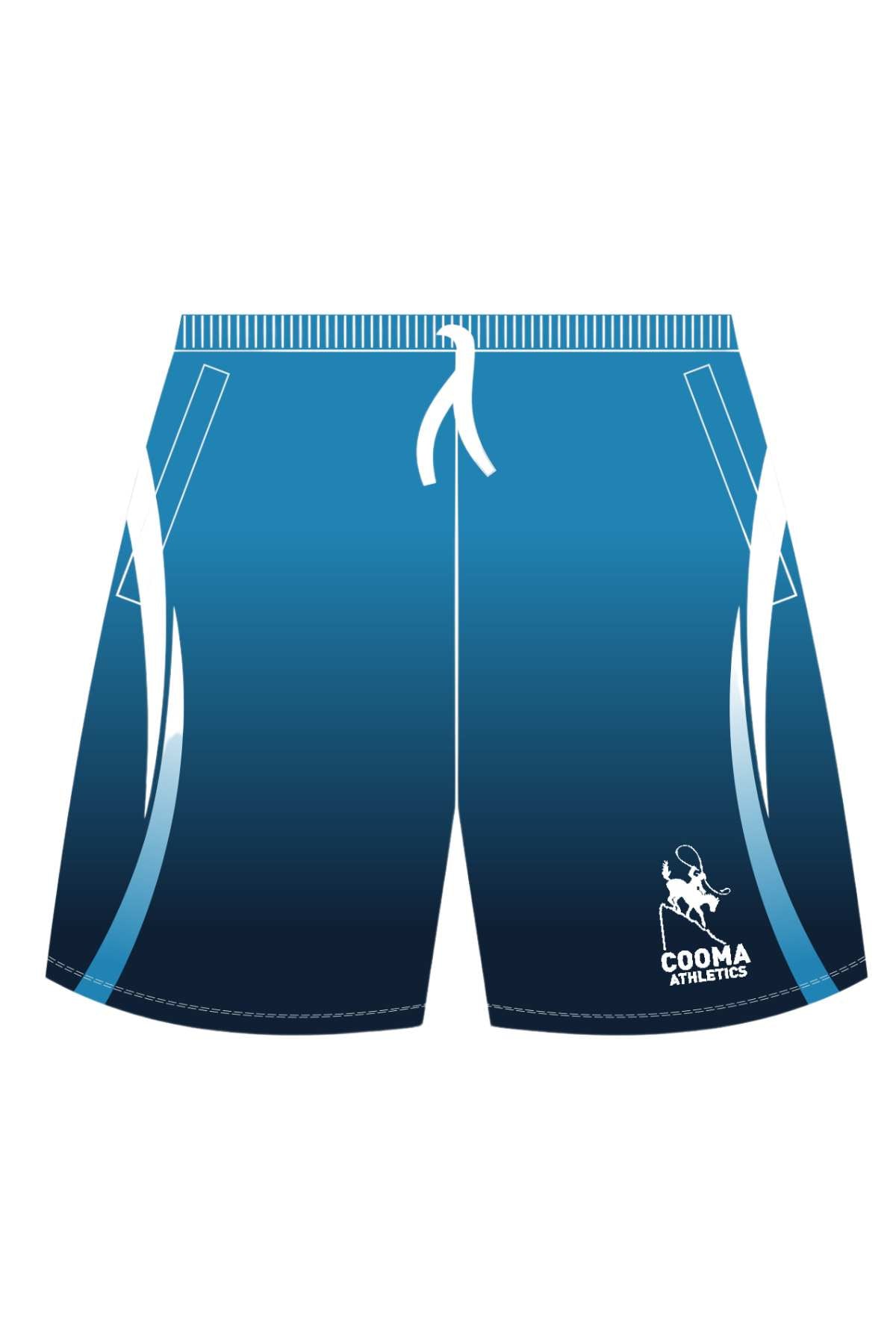 Available in shades of blue and dark blue, these athletic shorts feature white drawstrings and accents with a small logo of a stylized kangaroo alongside the text "Cooma Athletics" on the lower right. Experience the Cooma Athletics Training Shorts today by choosing pre-order or in-store pick-up options.