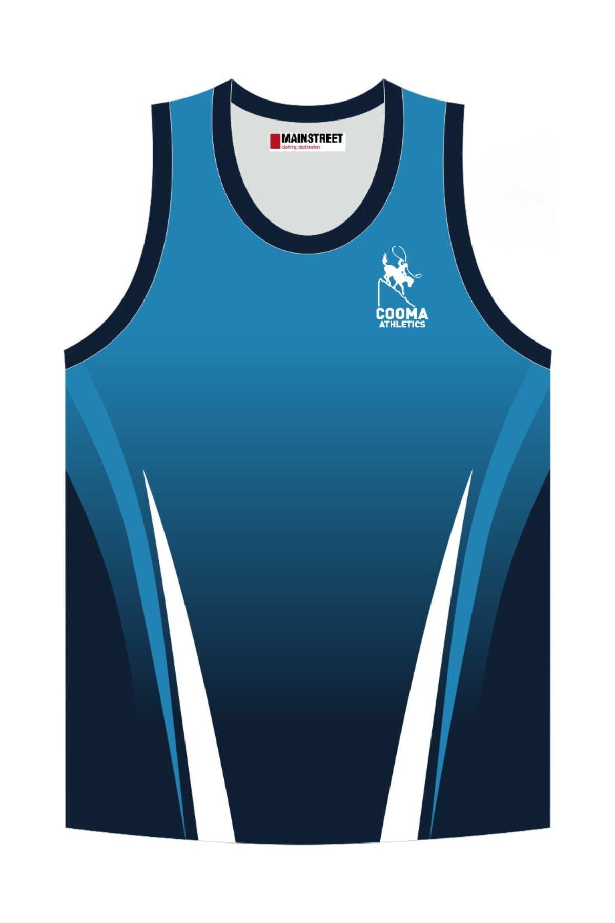 The Cooma Athletics Singlet showcases a sleeveless design in blue, with a gradient transitioning from dark to light blue, highlighted by white accents. The "Cooma Athletics" logo is prominently displayed on the chest, and you'll find "Mainstreet" on the collar tag. Pre-order now and take advantage of easy in-store pick-up options.