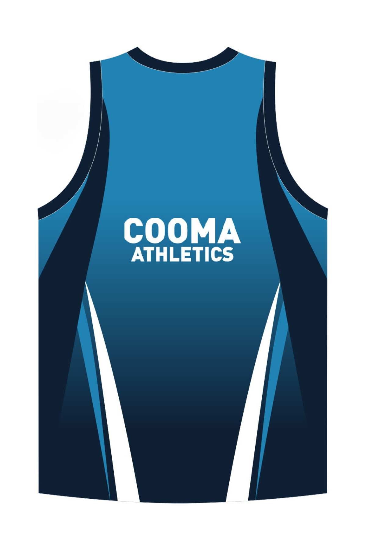 The Cooma Athletics Singlet showcases a sleeveless design in blue, with a gradient transitioning from dark to light blue, highlighted by white accents. The "Cooma Athletics" logo is prominently displayed on the chest, and you'll find "Mainstreet" on the collar tag. Pre-order now and take advantage of easy in-store pick-up options.