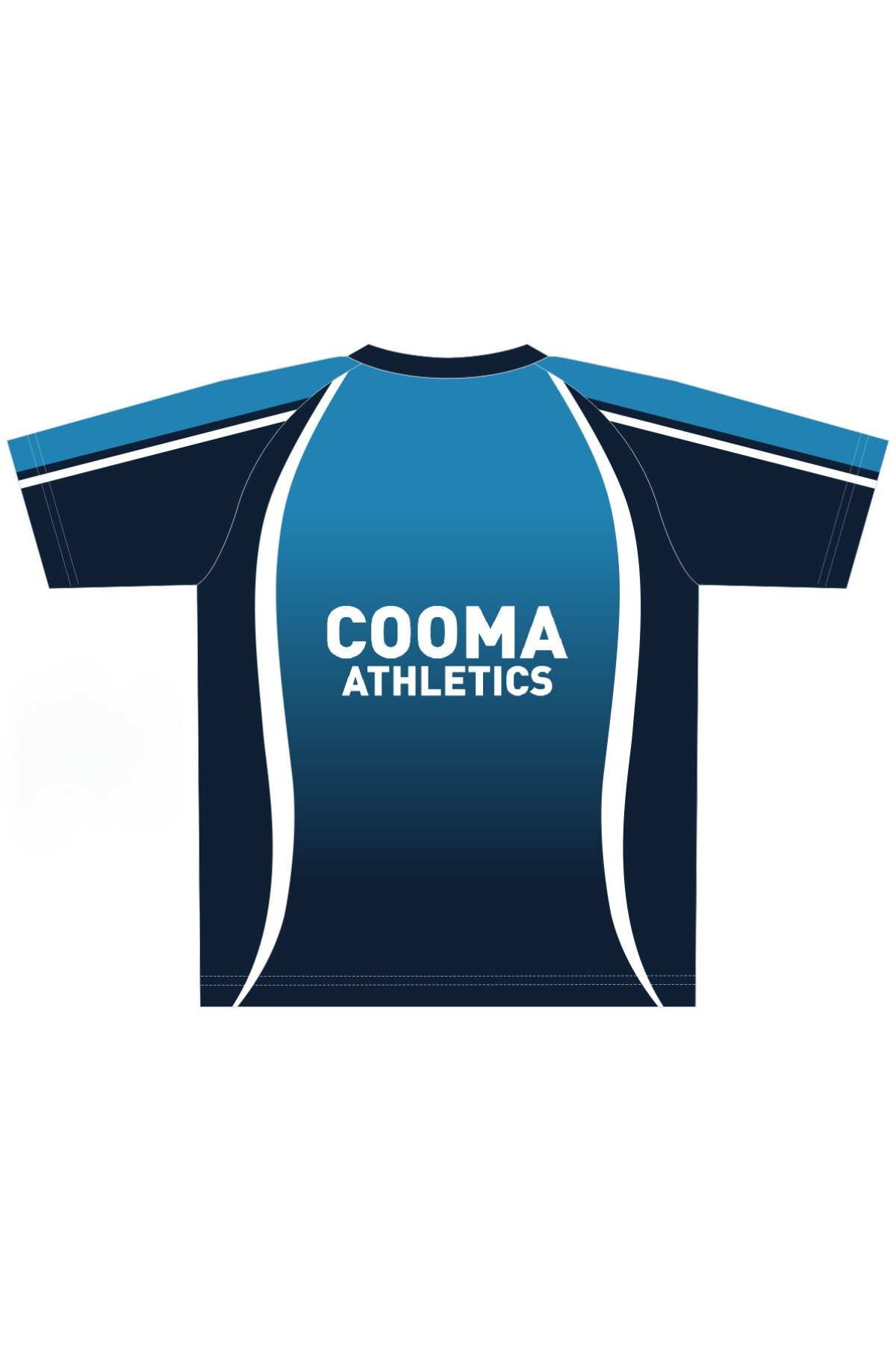 The Cooma Athletics T-Shirt is available in blue and navy, featuring white accents. It displays a gradient design along with the "COOMA ATHLETICS" logo and a running silhouette on the upper left side. Available for pre-order, you can opt for in-store pick-up to conveniently receive your gear.