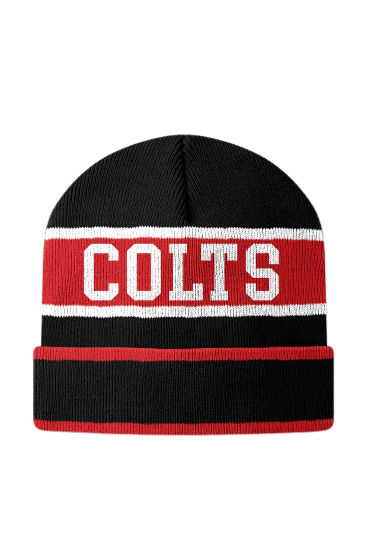 The Cooma Colts Beanie is black, red, and white with "COOMA" in bold letters on the front and a round patch on the cuff featuring a horse and "COOMA COLTS JUNIOR RUGBY LEAGUE" text.