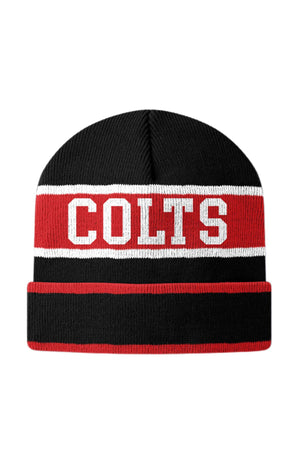 The Cooma Colts Beanie is a black knit hat with red and white stripes, showcasing "COLTS" in bold white letters on the front.