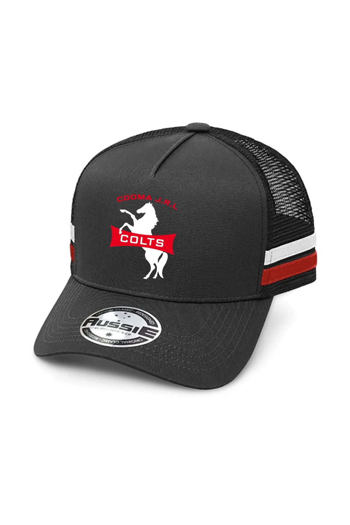 The Cooma Colts Boys Stripe Trucker Cap is a black cap with white and red side stripes, a mesh back, and features a white horse logo above "COLTS" in red on the front.