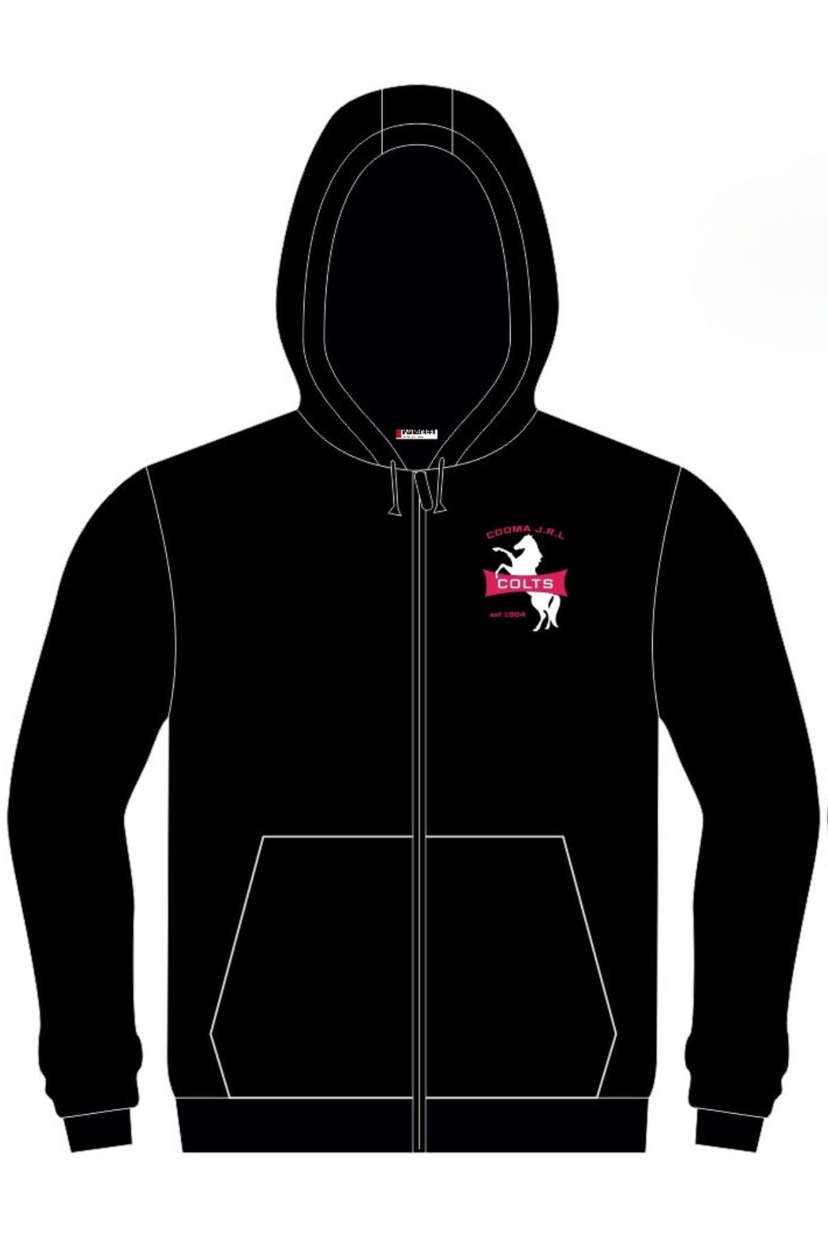 The Cooma Colts Full Zip Polar Fleece Hoodie PRE-ORDER features a black zip-up design, front pockets, white seams, and a small pink and white "Colts Coding and AI" horse logo on the left chest.