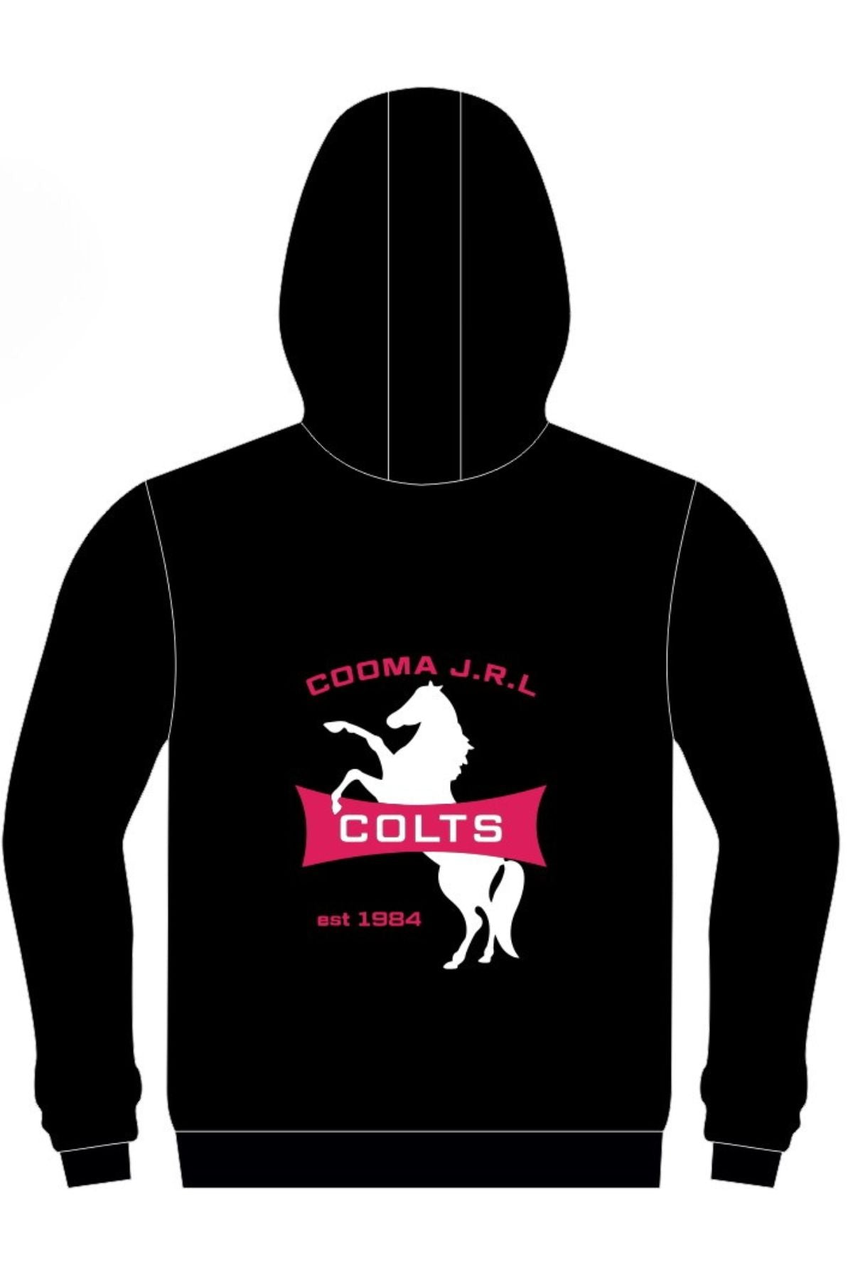 The Cooma Colts Full Zip Polar Fleece Hoodie PRE-ORDER features a black zip-up design, front pockets, white seams, and a small pink and white "Colts Coding and AI" horse logo on the left chest.