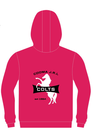 A pink Cooma Colts Full Zip Polar Fleece Hoodie (PRE-ORDER) featuring a white rearing horse silhouette above "COOMA J.R.L COLTS" and "est 1984" on the back. Ideal for fans and players.