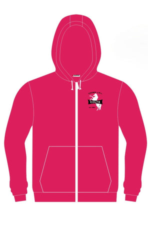 Bright pink Cooma Colts Full Zip Polar Fleece Hoodie with hood, white drawstrings, and two front pockets. Features club logo with a black and white horse icon on the left chest. Available now for pre-order!.
