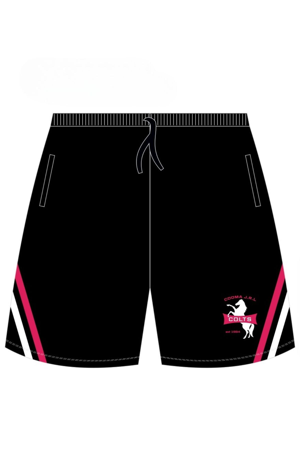 Cooma Colts Girls Training Short PRE-ORDER: Black with a drawstring, white and pink chevron side stripes, and a small "COLTS" horse logo on the left leg. Minimum order quantity may apply.