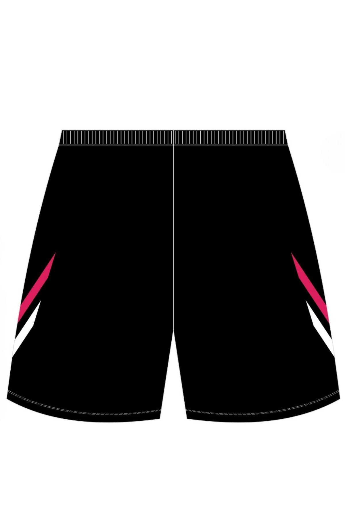 Cooma Colts Girls Training Short PRE-ORDER: Black with a drawstring, white and pink chevron side stripes, and a small "COLTS" horse logo on the left leg. Minimum order quantity may apply.