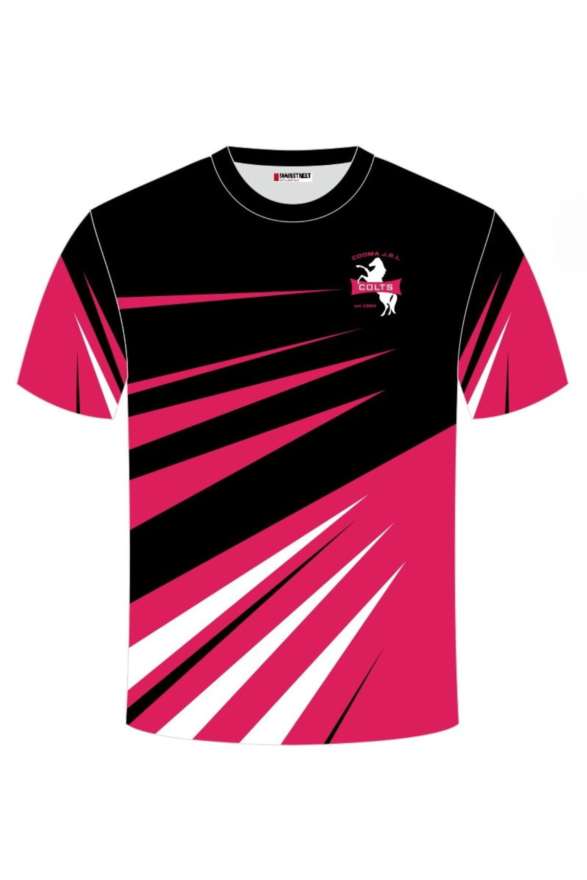 The Cooma Colts Girls Training Tee features bold black, pink, and white geometric streaks with a stylized horse logo and text on the chest. Available now for pre-order.