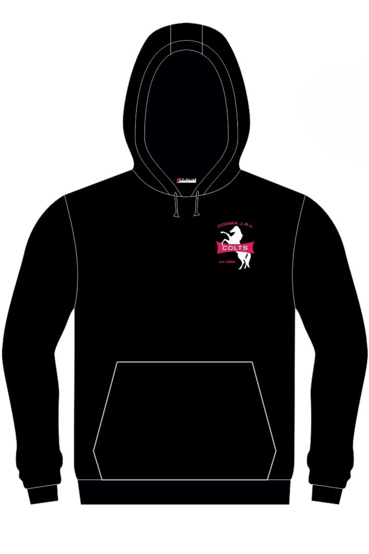 Pre-order the Cooma Colts Pullover Cotton Lined Hoodie—a black hoodie with front pocket and left chest logo featuring a white horse and red “COLTS” banner. Comfortable cotton lining.