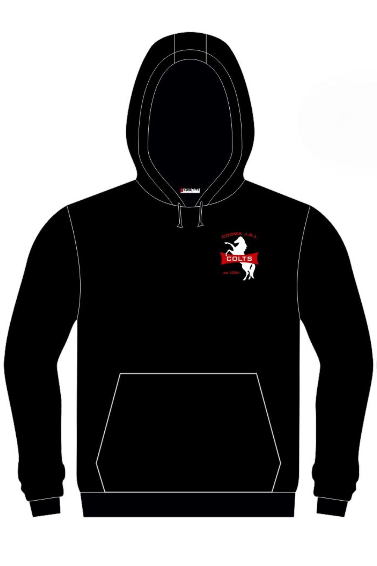 The Cooma Colts Pullover Cotton Lined Hoodie is a black hoodie with a front pocket, hood, and features a small rearing white horse logo, red rectangle, and "COLTS" in white. PRE-ORDER item.