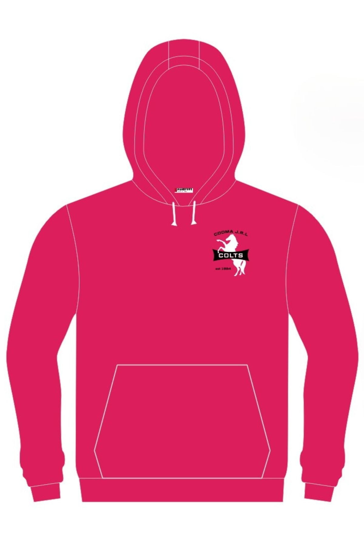 Bright pink Cooma Colts Pullover Cotton Lined Hoodie with front pocket. Left chest has a black and white horse logo, "CRONULLA S.H.S. COLTS," and "EST. 1964." This is a pre-order item.