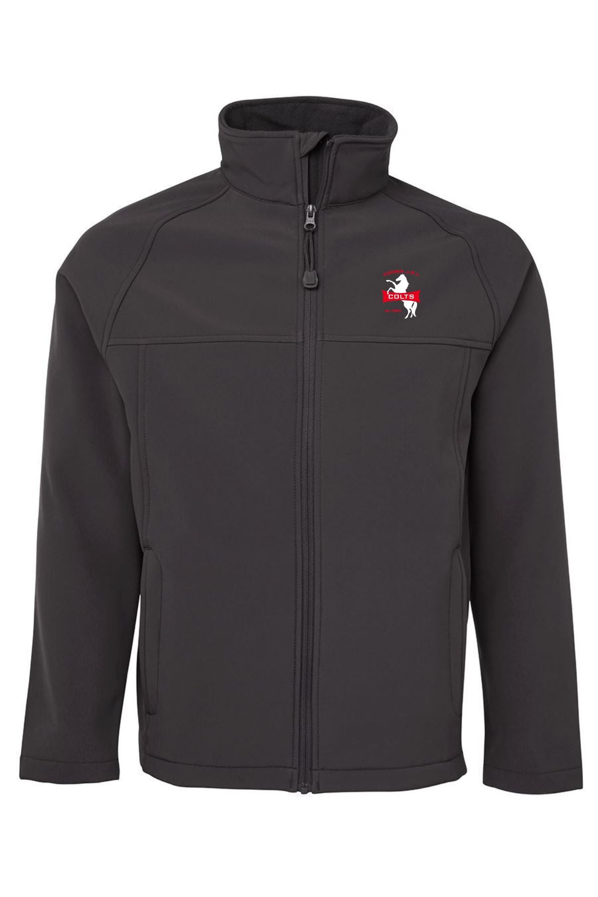 The Cooma Colts Softshell Jacket PRE-ORDER is black with a high collar, long sleeves, two side pockets, and a small red and white embroidered logo on the left chest. Pre-order available; minimum order quantity applies.