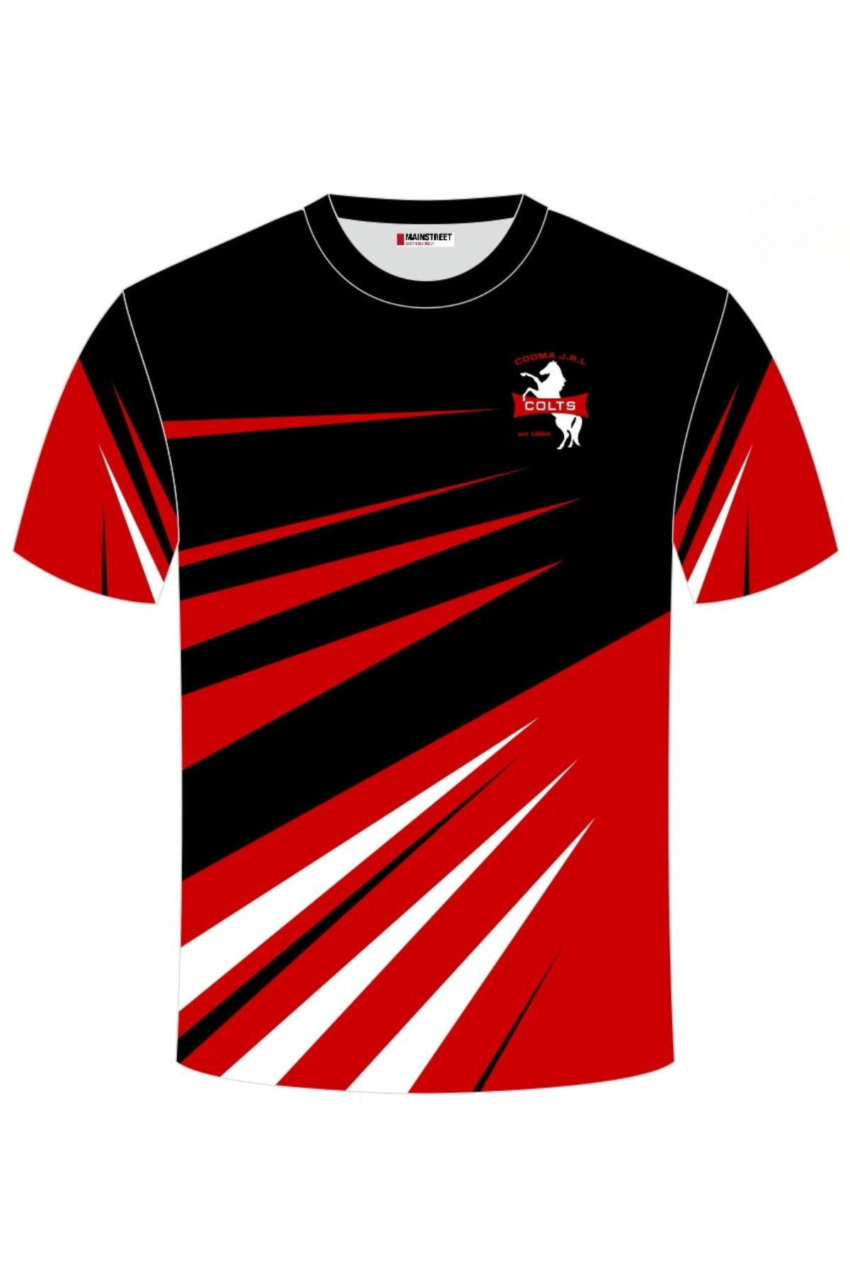 The Cooma Colts Training Tee PRE-ORDER features short sleeves, a black, red, and white geometric design with dynamic diagonal stripes, a small horse logo on the upper left chest, and is available now for pre-order with minimum order quantity.