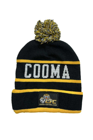 The Cooma Football Club Beanie is designed in striking black and yellow colors and prominently features the word "COOMA" in white letters across the front. It comes with a matching black and yellow pom-pom on top. Near the bottom edge, there is a patch displaying a tiger along with the text "CFC COOMA FOOTBALL CLUB." This beanie is available for pre-order.