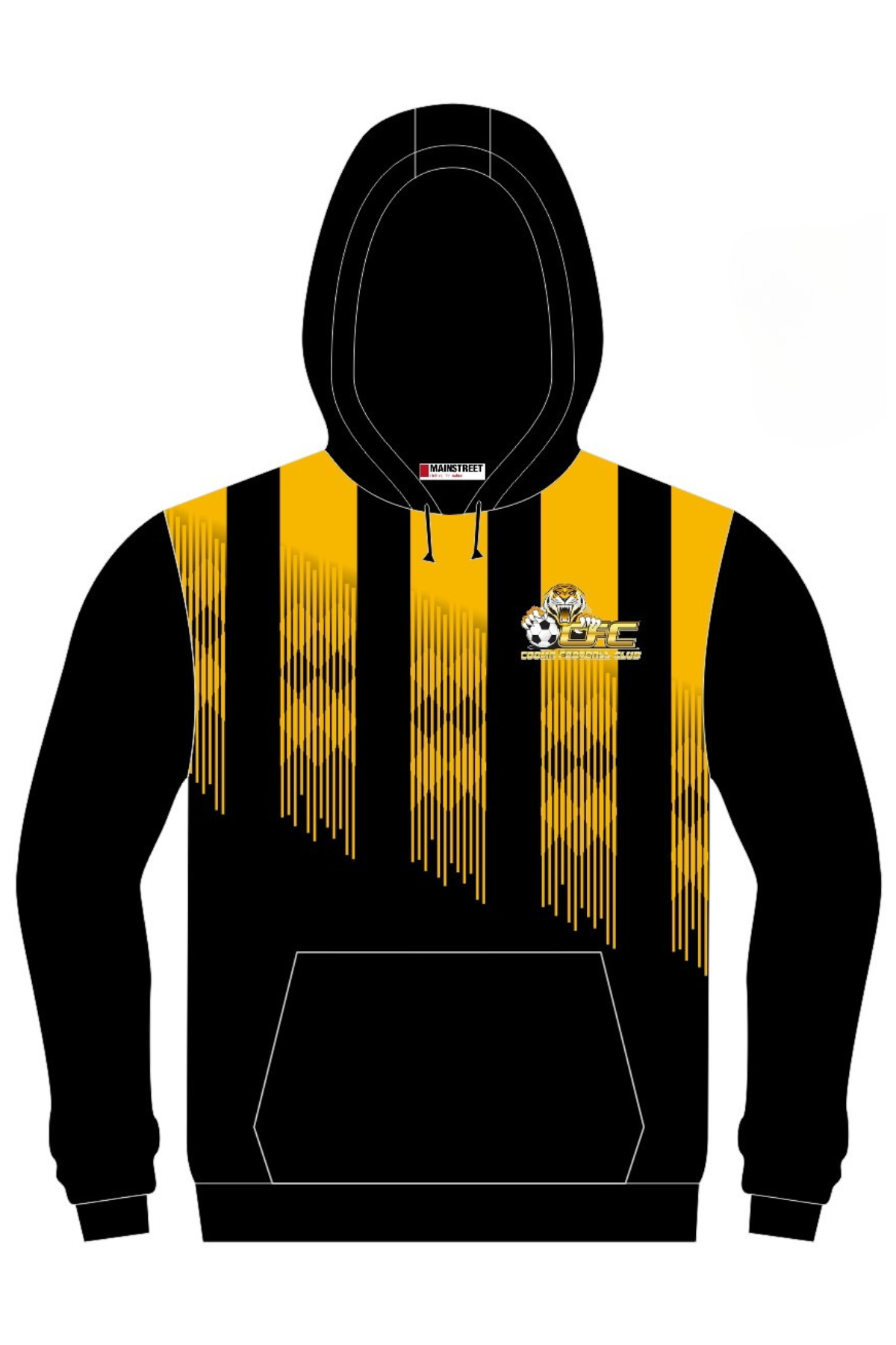 The Cooma Football Club Kids Pullover Cotton Lined Hoodie is black with yellow diagonal stripes, thin vertical lines on one side, a soccer ball graphic and tiger logo on the chest, and features a front pouch pocket and drawstring hood.