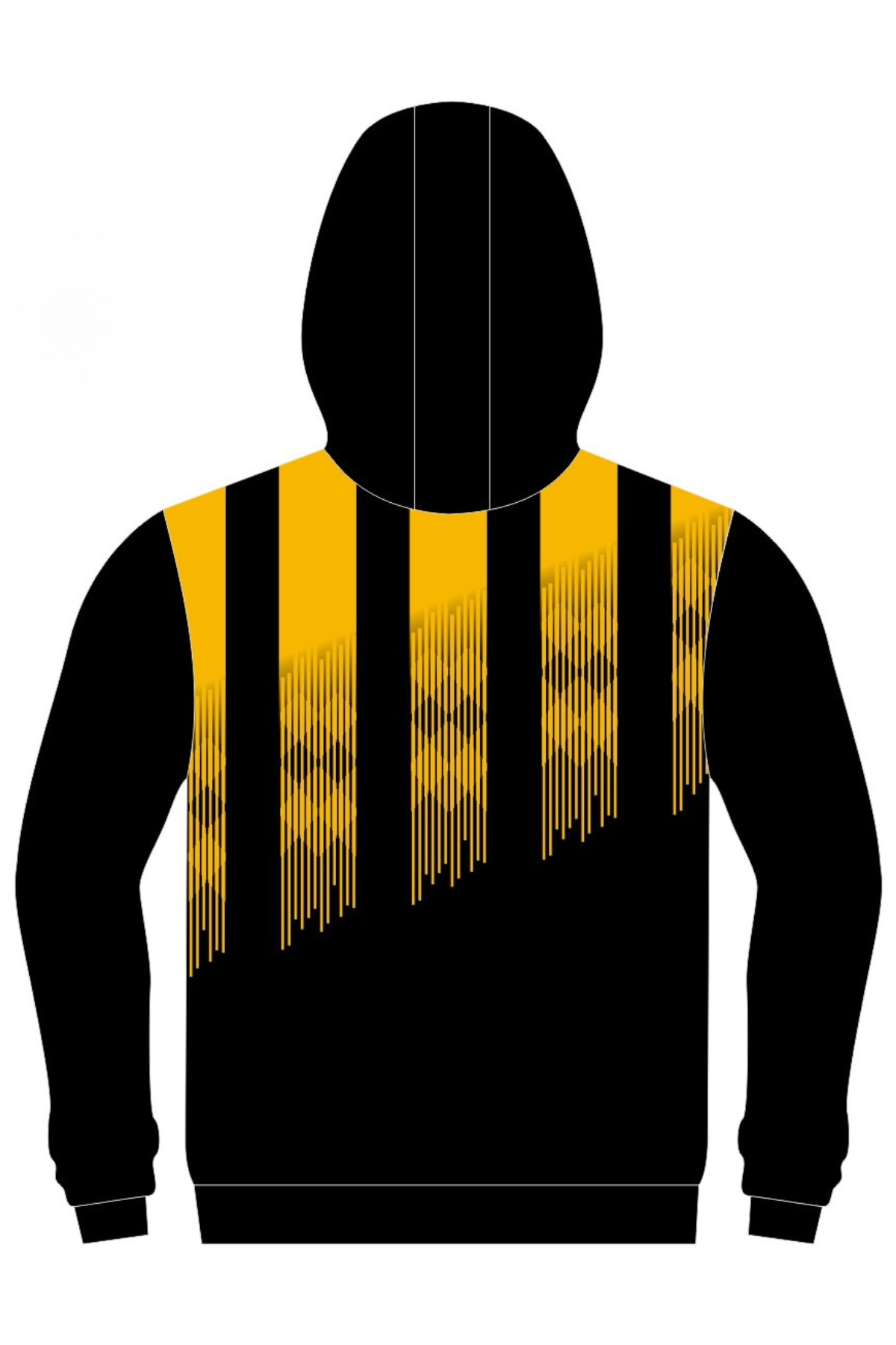 Pre-order the Cooma Football Club Full Zip Polar Fleece Hoodie—black with a hood, long sleeves, and five yellow vertical stripes on the upper back that fade with a streaked effect. Perfect for CFC fans!.